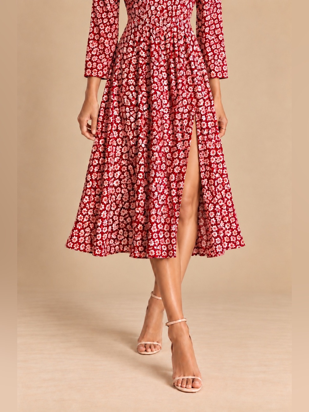 Reformation Red Ivory Floral Square Neck 3/4 Sleeve Midi Dress Size 0 Boho Style - Picture 3 of 11